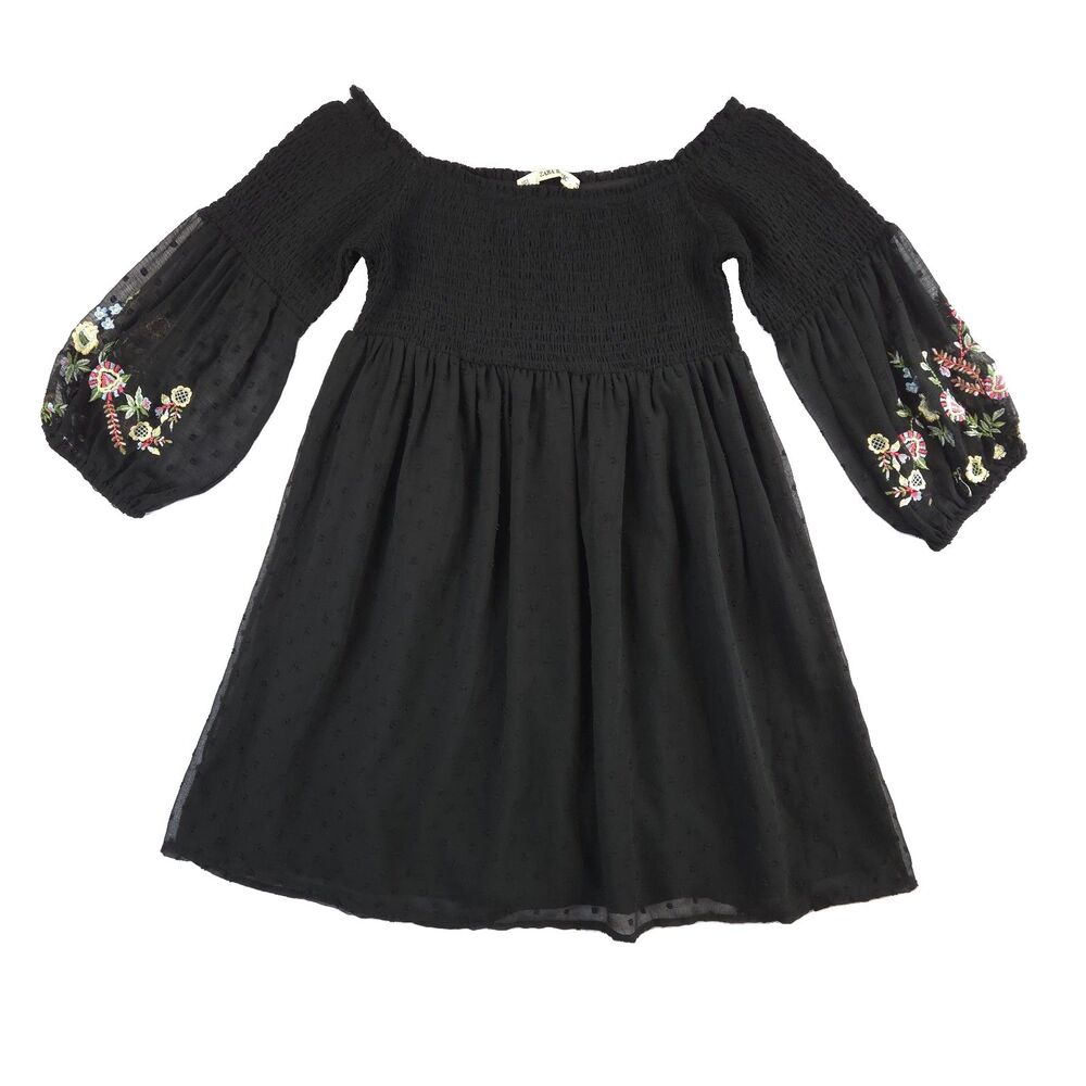 Zara Smocked Babydoll Embroidered Dress S Puff Sleeve Whimsigoth FAiry Grunge